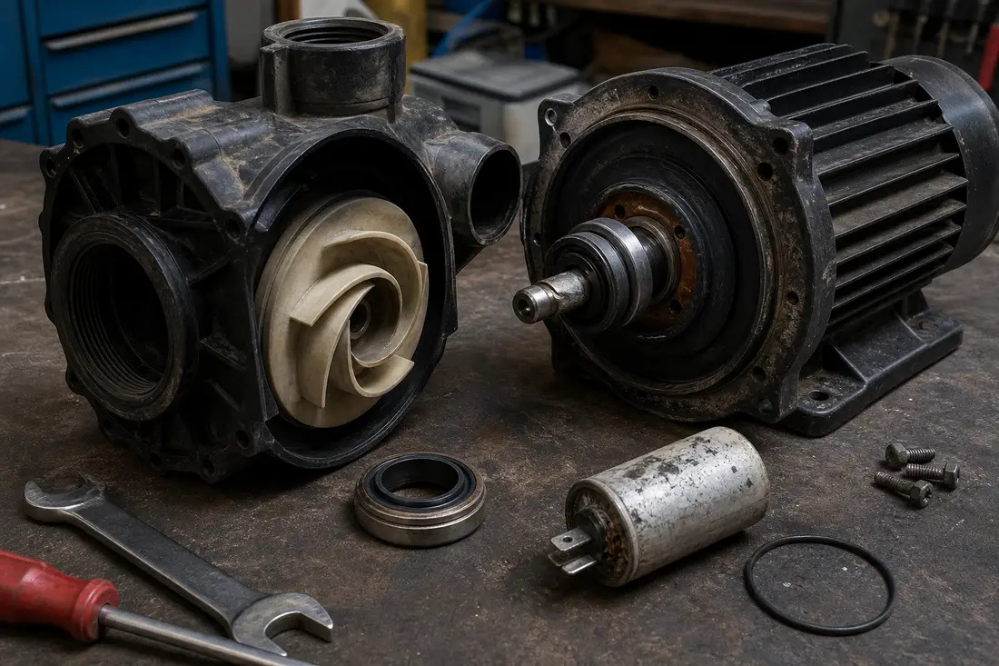 Zerlegte Poolpumpe auf der Werkbank: Pumpengehäuse mit Laufrad, Motor, Wellendichtung, Kondensator und O-Ring