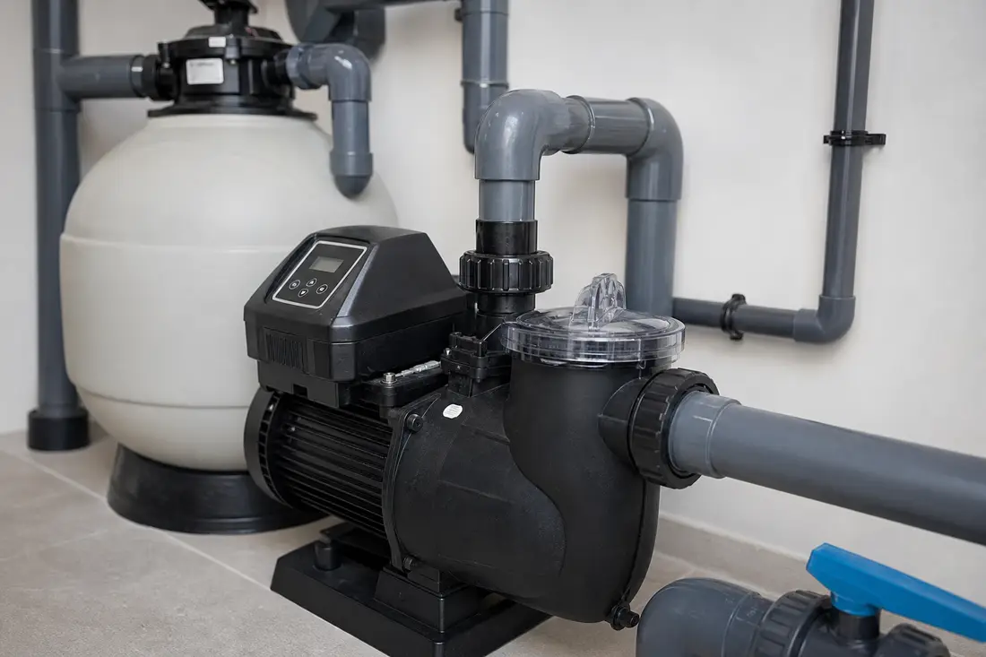 Drehzahlgeregelte Poolpumpe mit digitalem Bedienpanel neben dem Sandfilter im Technikraum