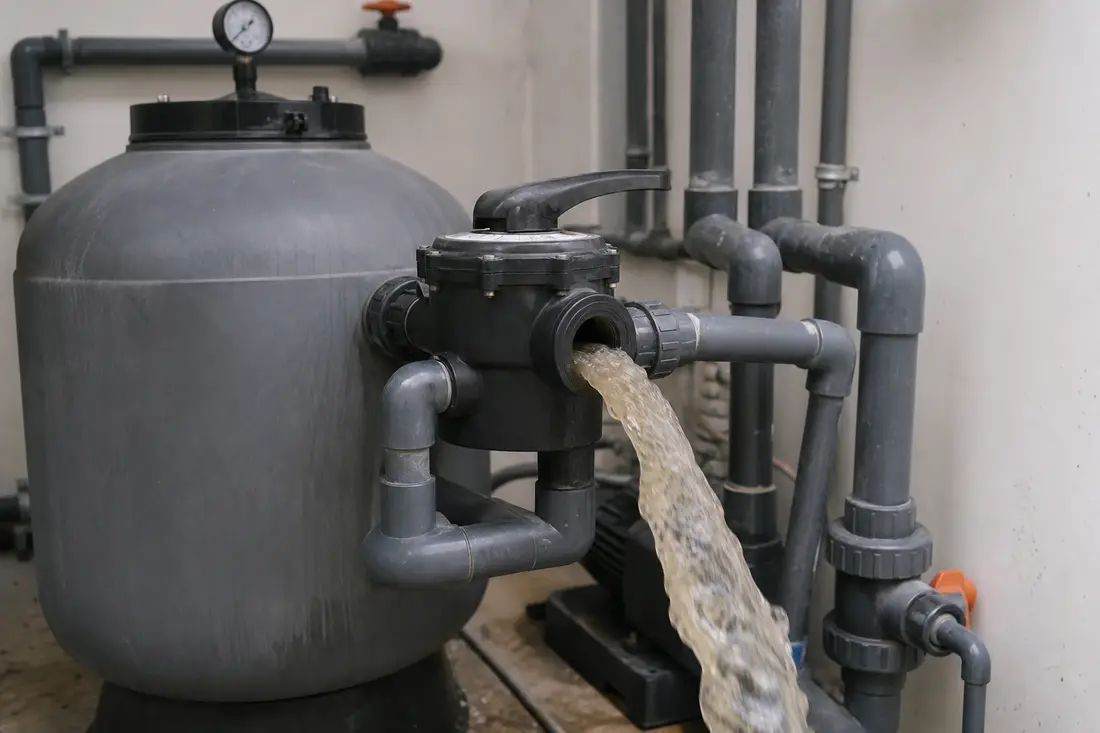 Pool-Sandfilter mit Mehrwegeventil im Rückspülbetrieb, Schmutzwasser fliesst aus dem Ablauf
