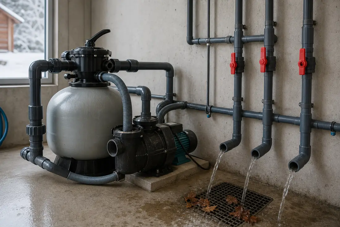 Sandfilter und Poolpumpe im Technikraum, Leitungen werden über Kugelhähne in den Bodenablauf entleert, draussen Schnee
