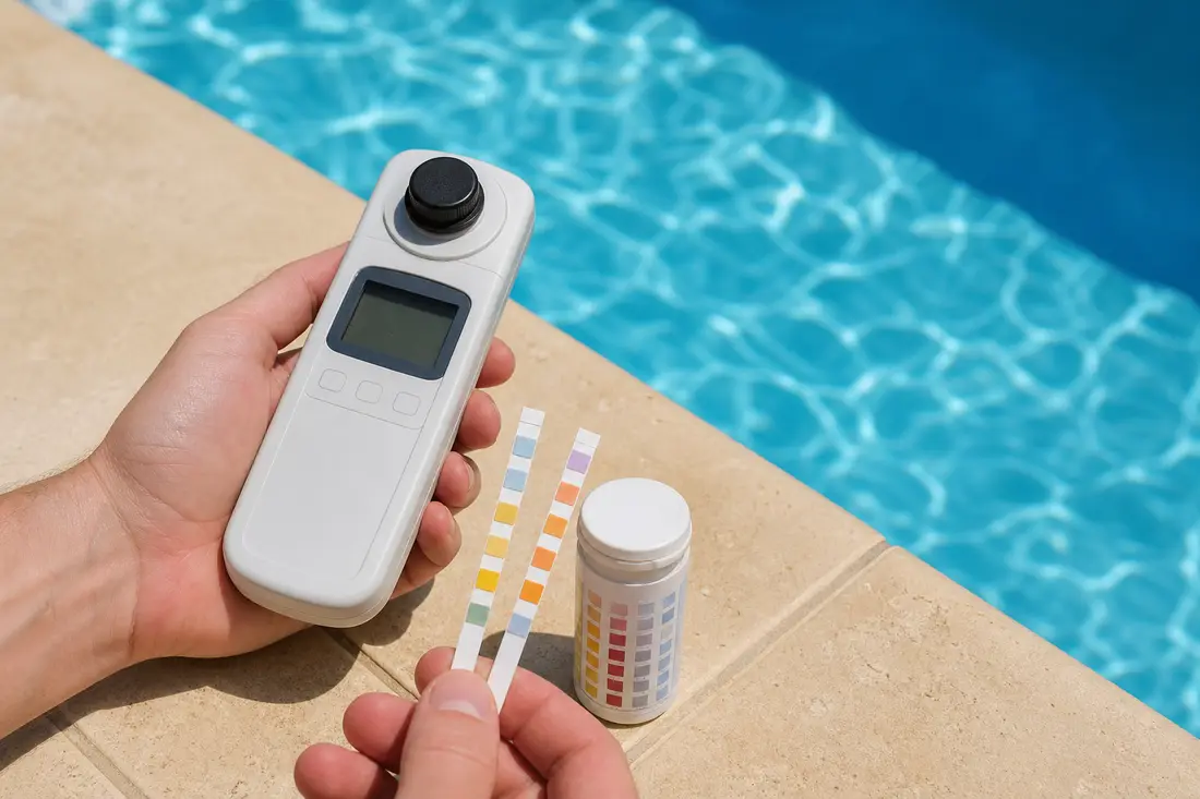 Hand mit digitalem Photometer und Teststreifen prüft die Wasserwerte am Rand eines blauen Pools