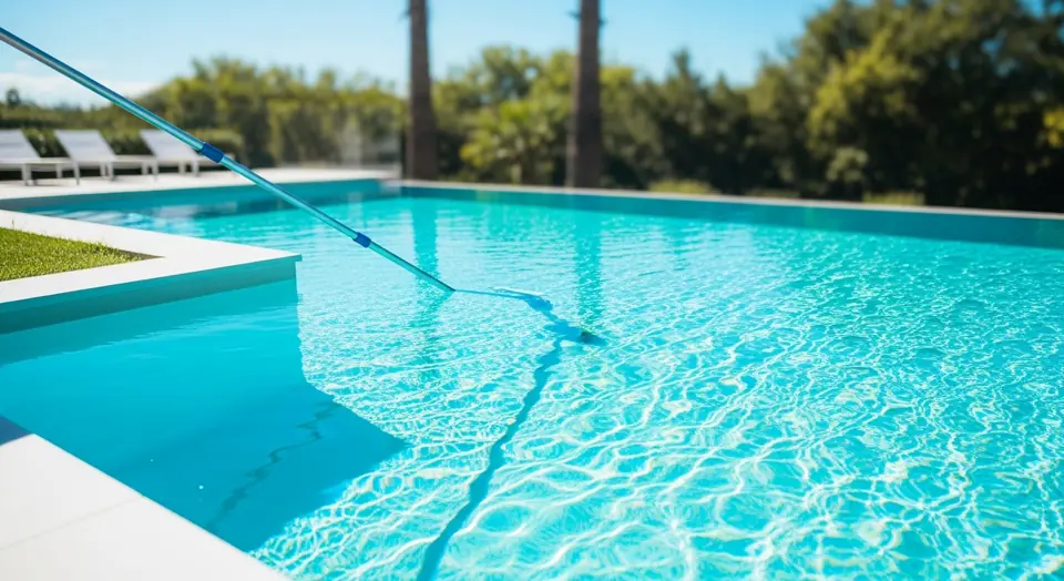 Klares, blaues Poolwasser mit Reinigungsstange am Beckenrand
