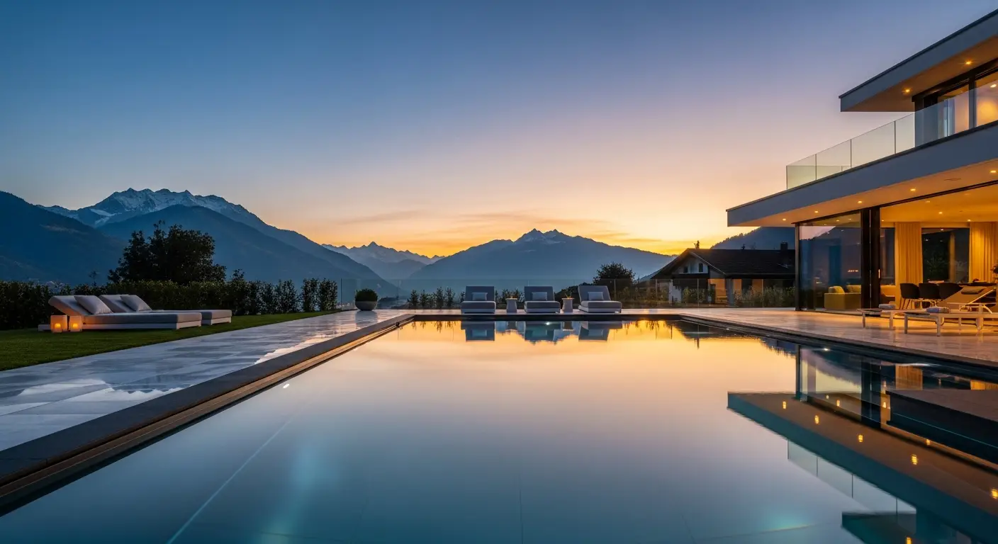 Privatpool in der Deutschschweiz vor verschneiter Bergkulisse in der Dämmerung
