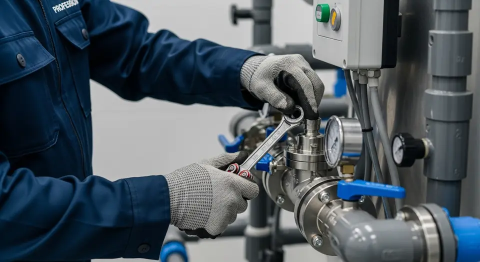 Techniker arbeitet mit Schraubenschlüssel an Pumpe und Ventilen im Pool-Technikraum